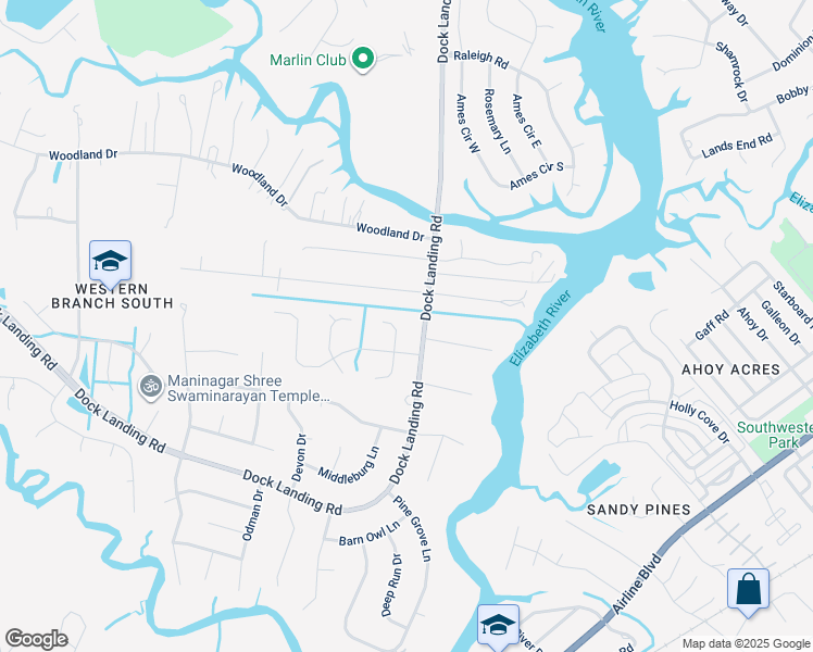 map of restaurants, bars, coffee shops, grocery stores, and more near 1733 Pattie Lane in Chesapeake