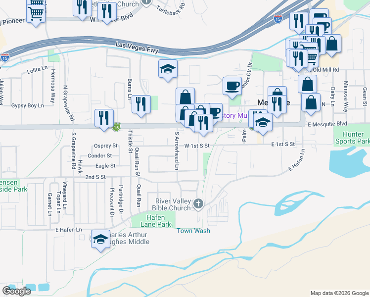 map of restaurants, bars, coffee shops, grocery stores, and more near 107 Navajo Street in Mesquite