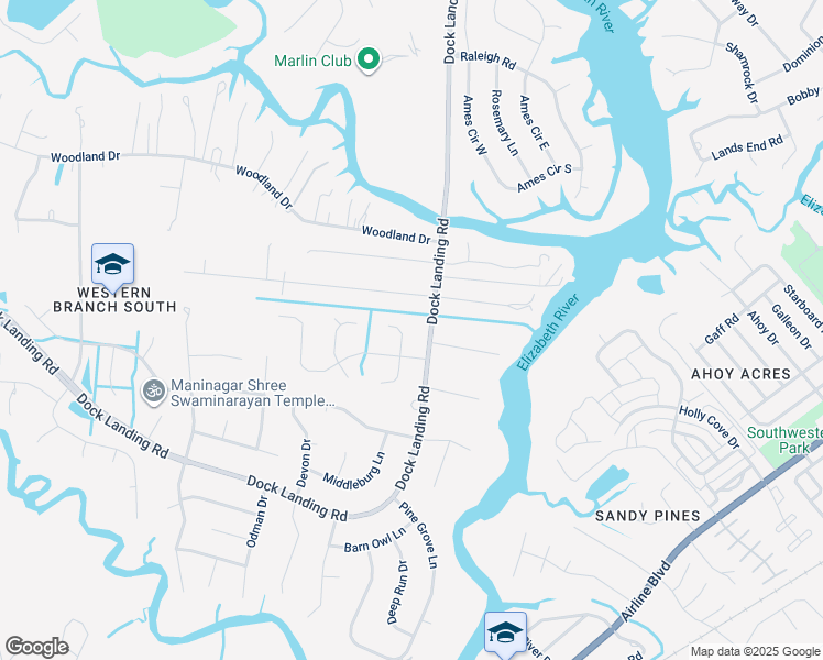 map of restaurants, bars, coffee shops, grocery stores, and more near 1733 Pattie Lane in Chesapeake