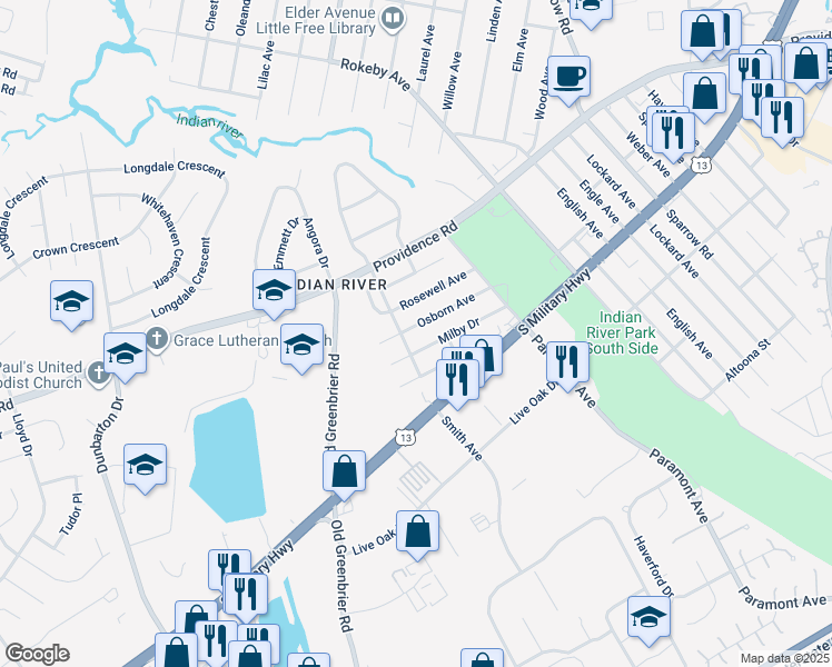 map of restaurants, bars, coffee shops, grocery stores, and more near 703 Osborn Avenue in Chesapeake