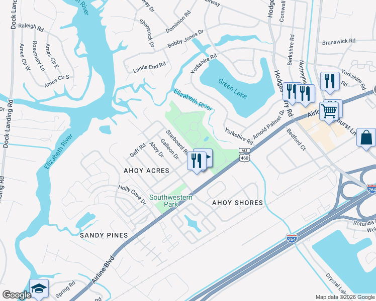 map of restaurants, bars, coffee shops, grocery stores, and more near 3944 Starboard Road in Chesapeake