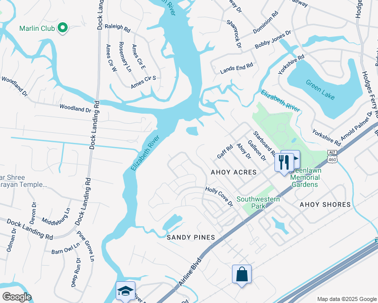map of restaurants, bars, coffee shops, grocery stores, and more near 4240 Schooner Trail in Chesapeake