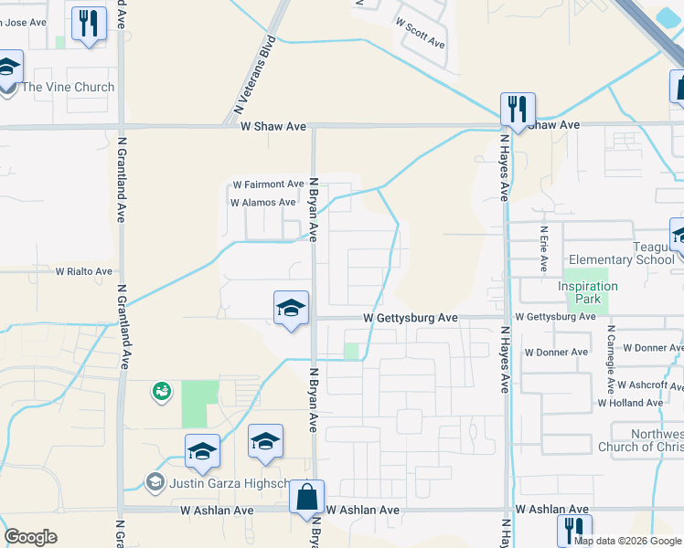 map of restaurants, bars, coffee shops, grocery stores, and more near 4650 North Bryan Avenue in Fresno