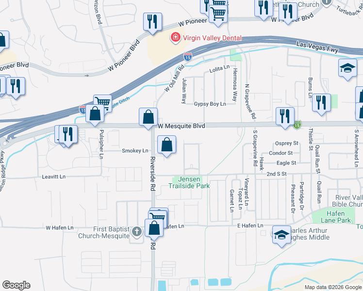 map of restaurants, bars, coffee shops, grocery stores, and more near 83 Desert Willow Lane in Mesquite