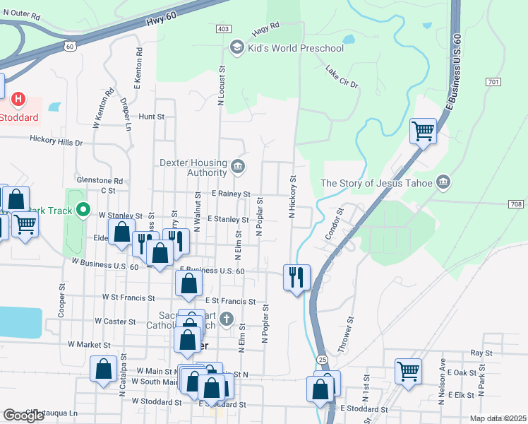 map of restaurants, bars, coffee shops, grocery stores, and more near 804 North Poplar Street in Dexter