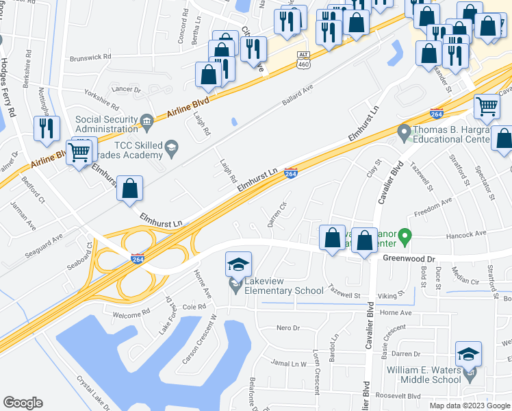 map of restaurants, bars, coffee shops, grocery stores, and more near 1542 Darren Circle in Portsmouth