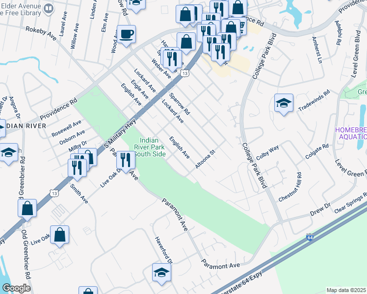 map of restaurants, bars, coffee shops, grocery stores, and more near 2100 English Avenue in Chesapeake