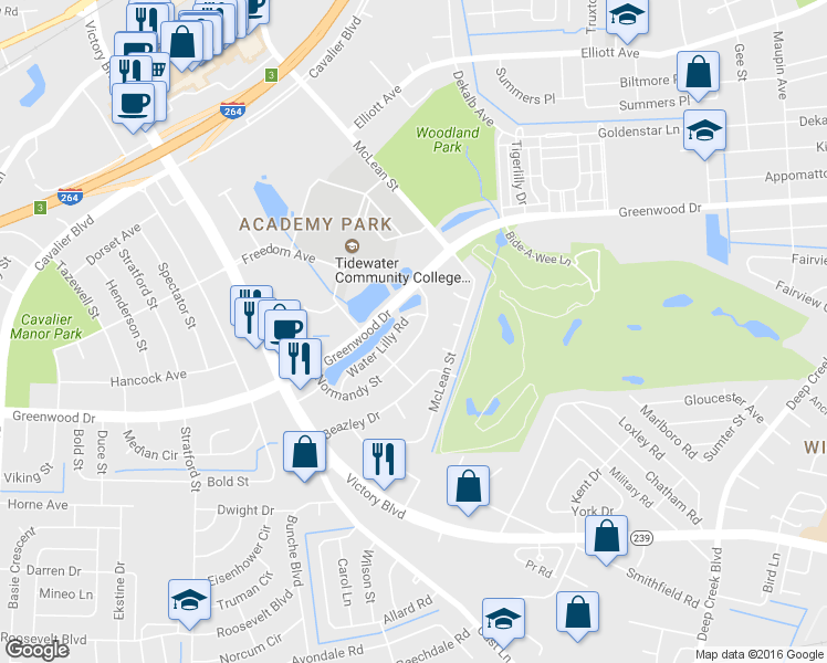 map of restaurants, bars, coffee shops, grocery stores, and more near 524 Normandy St in Portsmouth