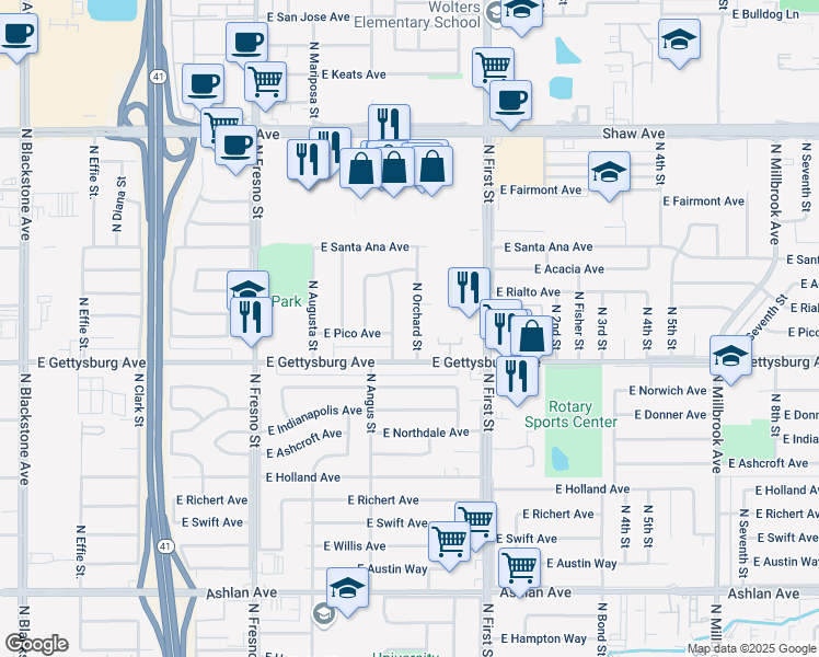 map of restaurants, bars, coffee shops, grocery stores, and more near 4662 North Orchard Street in Fresno