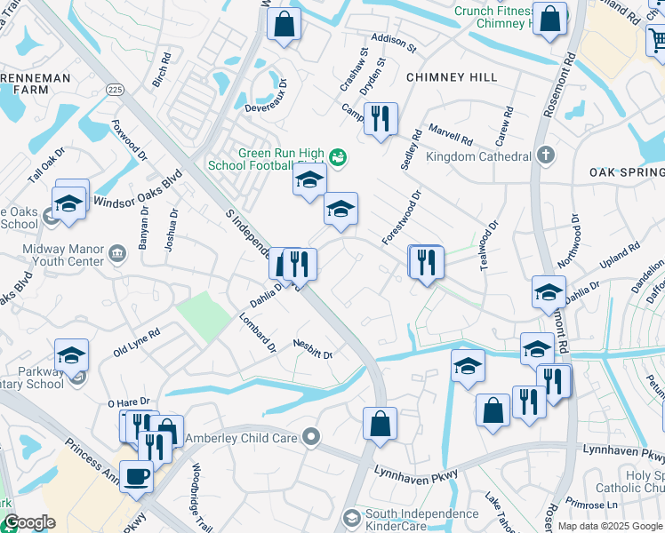 map of restaurants, bars, coffee shops, grocery stores, and more near 4463 Cherrywood Lane in Virginia Beach