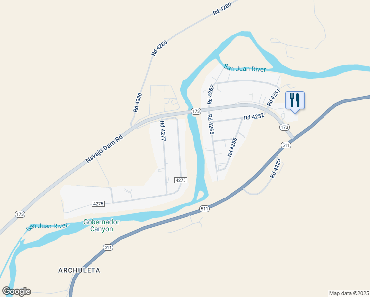 map of restaurants, bars, coffee shops, grocery stores, and more near 23 County Road 4275 in Navajo Dam