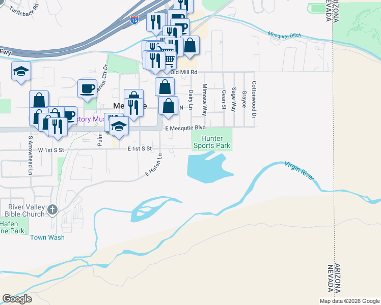 map of restaurants, bars, coffee shops, grocery stores, and more near 330 East 1st South Street in Mesquite
