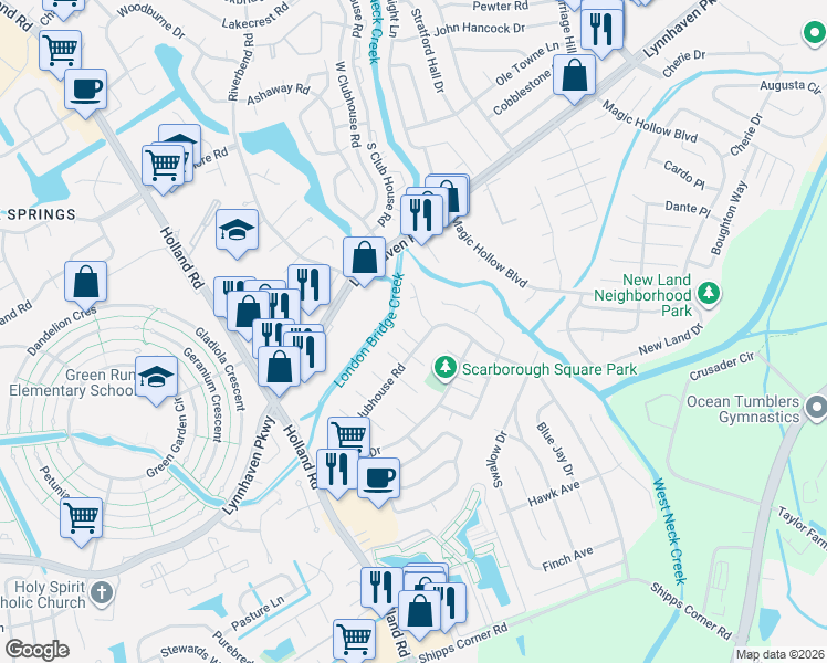 map of restaurants, bars, coffee shops, grocery stores, and more near 3201 Creekside Drive in Virginia Beach