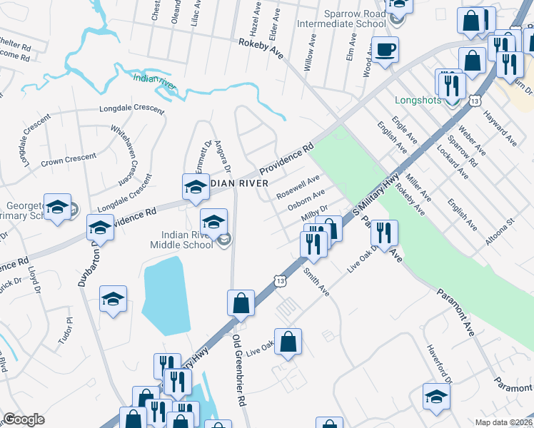 map of restaurants, bars, coffee shops, grocery stores, and more near 638 Osborn Avenue in Chesapeake