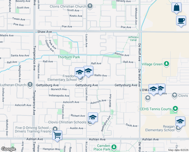 map of restaurants, bars, coffee shops, grocery stores, and more near 3050 Rialto Avenue in Clovis