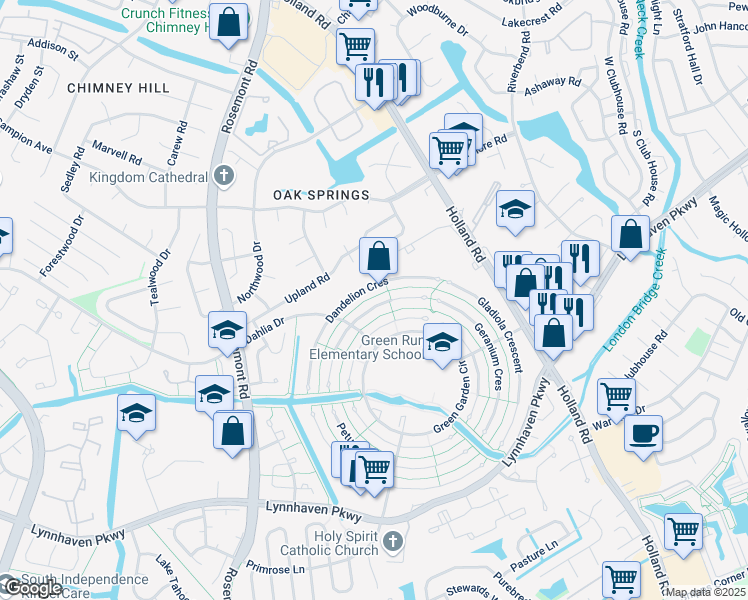 map of restaurants, bars, coffee shops, grocery stores, and more near 3448 Daffodil Crescent in Virginia Beach