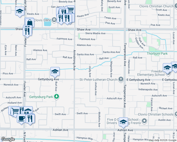 map of restaurants, bars, coffee shops, grocery stores, and more near 2625 Holly Avenue in Clovis