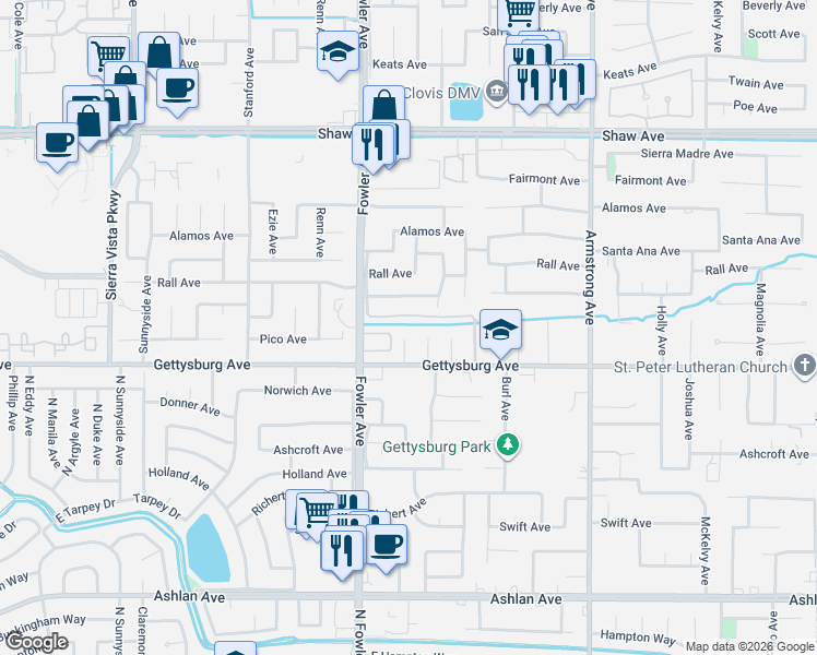map of restaurants, bars, coffee shops, grocery stores, and more near 1864 Rialto Court in Clovis