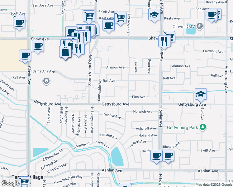 map of restaurants, bars, coffee shops, grocery stores, and more near 2643 Purdue Avenue in Clovis