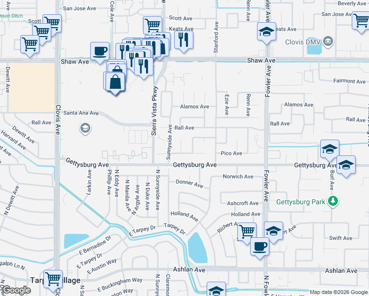 map of restaurants, bars, coffee shops, grocery stores, and more near 2666 Miami Avenue in Clovis