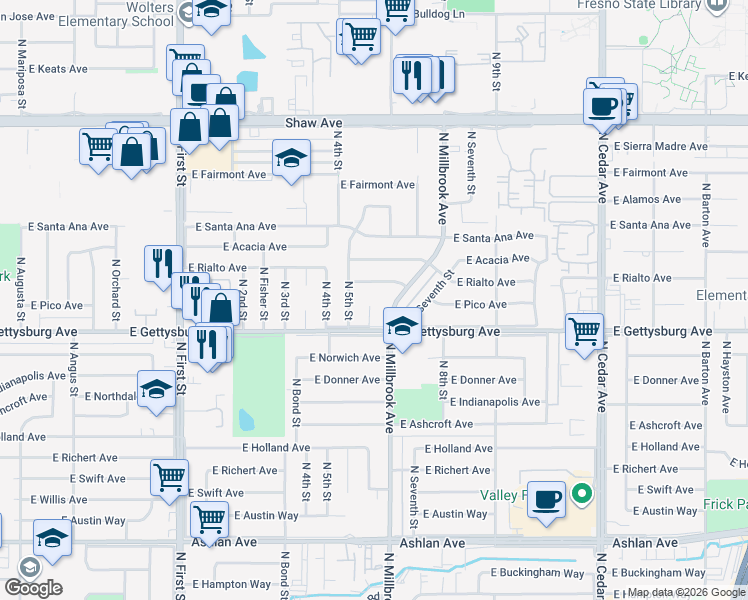 map of restaurants, bars, coffee shops, grocery stores, and more near 4647 North 6th Street in Fresno