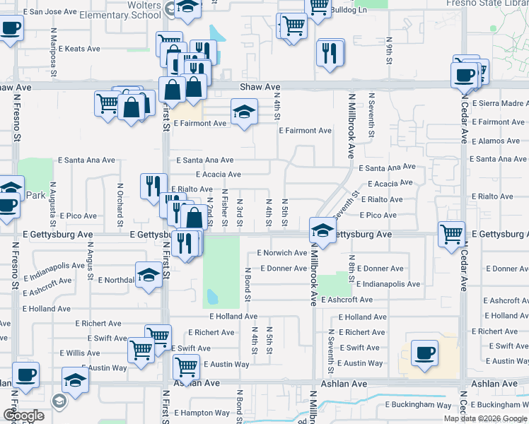 map of restaurants, bars, coffee shops, grocery stores, and more near 4640 North 4th Street in Fresno
