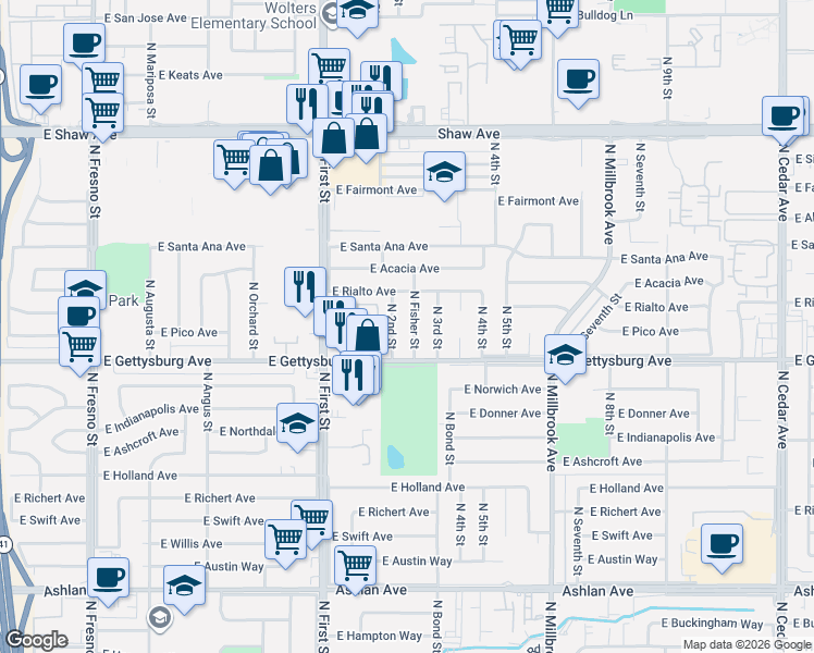 map of restaurants, bars, coffee shops, grocery stores, and more near 4653 North Fisher Street in Fresno