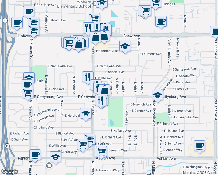 map of restaurants, bars, coffee shops, grocery stores, and more near 4655 North 2nd Street in Fresno