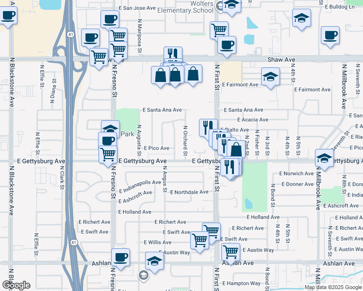 map of restaurants, bars, coffee shops, grocery stores, and more near 4662 North Orchard Street in Fresno