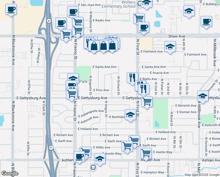 map of restaurants, bars, coffee shops, grocery stores, and more near 4669 North Callisch Avenue in Fresno
