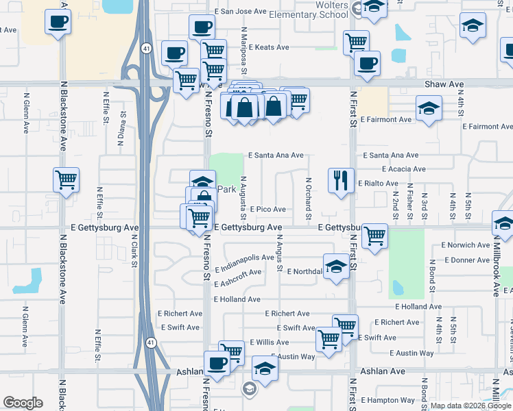 map of restaurants, bars, coffee shops, grocery stores, and more near 2729 East Pico Avenue in Fresno