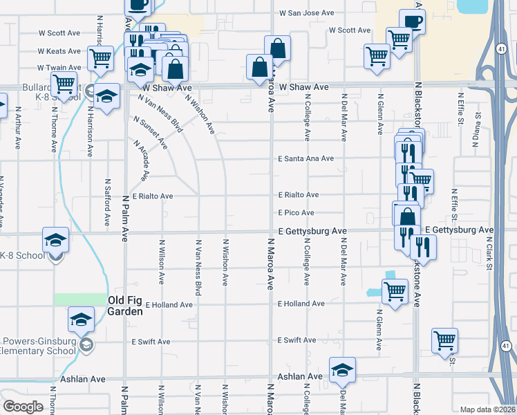 map of restaurants, bars, coffee shops, grocery stores, and more near 4663 North Maroa Avenue in Fresno