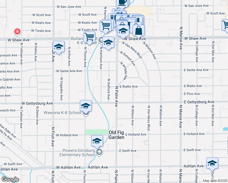 map of restaurants, bars, coffee shops, grocery stores, and more near 4678 North Safford Avenue in Fresno