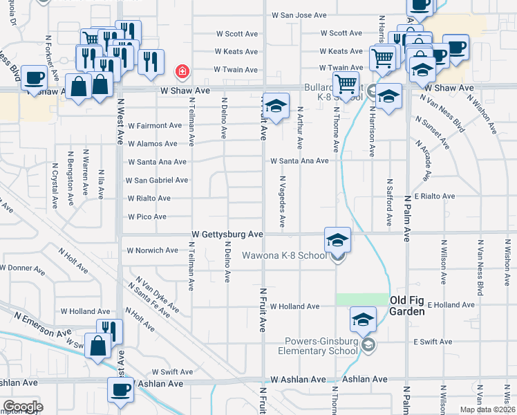 map of restaurants, bars, coffee shops, grocery stores, and more near 547 West Rialto Avenue in Fresno
