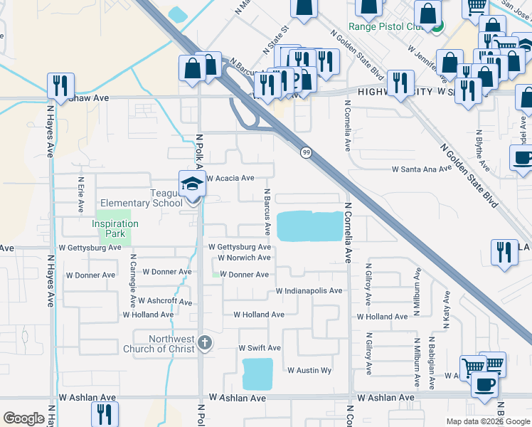 map of restaurants, bars, coffee shops, grocery stores, and more near 5343 West San Gabriel Avenue in Fresno