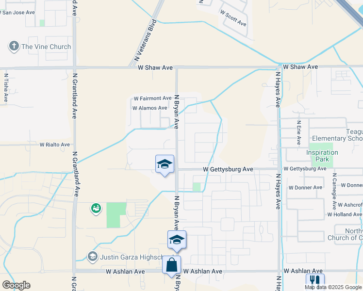map of restaurants, bars, coffee shops, grocery stores, and more near 4607 West Ashcroft Avenue in Fresno