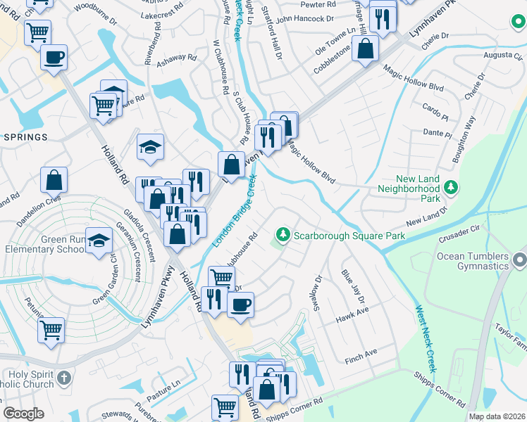 map of restaurants, bars, coffee shops, grocery stores, and more near 3201 Creekside Drive in Virginia Beach