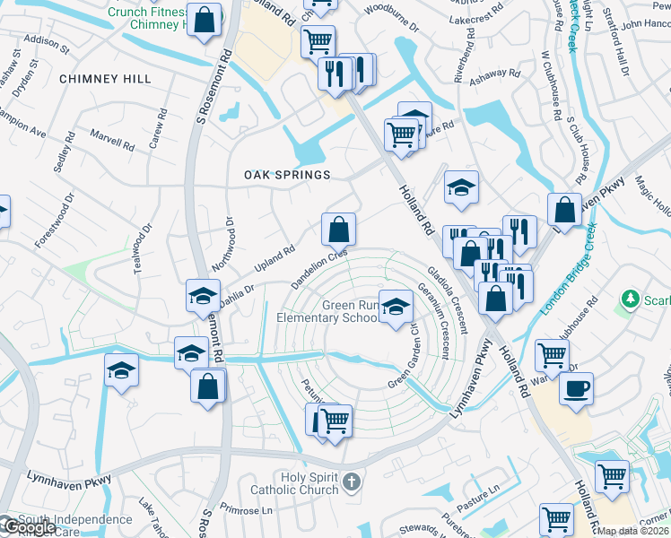 map of restaurants, bars, coffee shops, grocery stores, and more near 3448 Daffodil Crescent in Virginia Beach