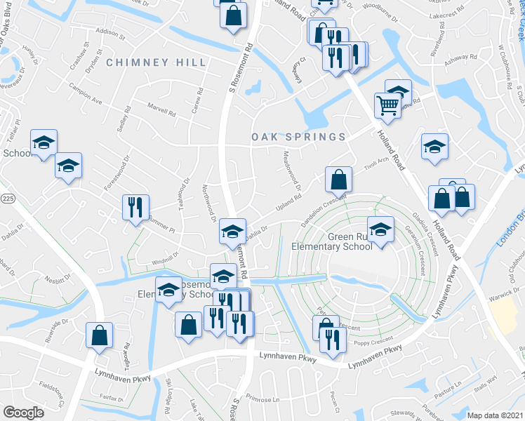 map of restaurants, bars, coffee shops, grocery stores, and more near 3708 Singing Wood Trail in Virginia Beach