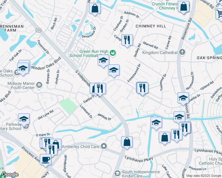 map of restaurants, bars, coffee shops, grocery stores, and more near 4463 Cherrywood Lane in Virginia Beach