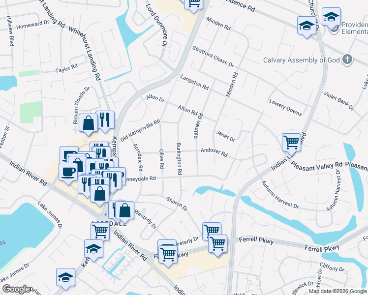 map of restaurants, bars, coffee shops, grocery stores, and more near 1137 Burlington Road in Virginia Beach