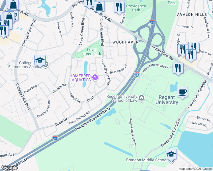 map of restaurants, bars, coffee shops, grocery stores, and more near 1105 Borg Court in Virginia Beach