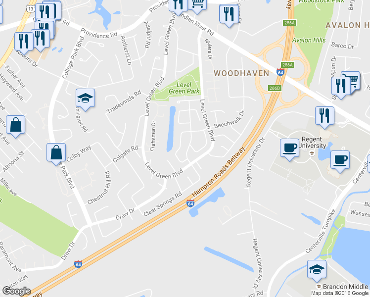 map of restaurants, bars, coffee shops, grocery stores, and more near 5960 Beechwalk Drive in Virginia Beach