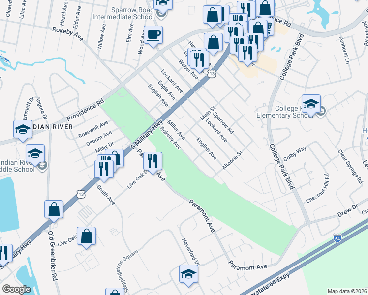 map of restaurants, bars, coffee shops, grocery stores, and more near 2021 Miller Avenue in Chesapeake