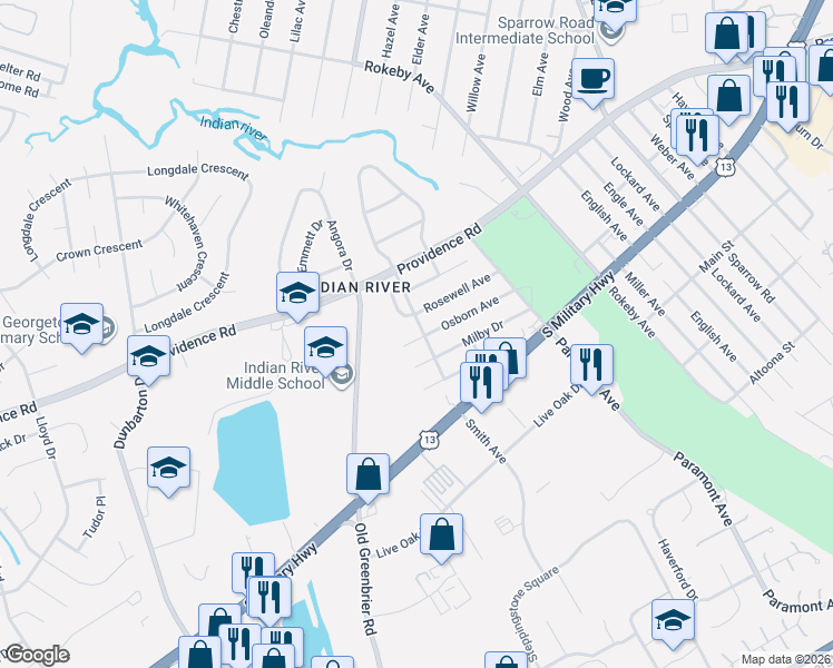 map of restaurants, bars, coffee shops, grocery stores, and more near 638 Osborn Avenue in Chesapeake