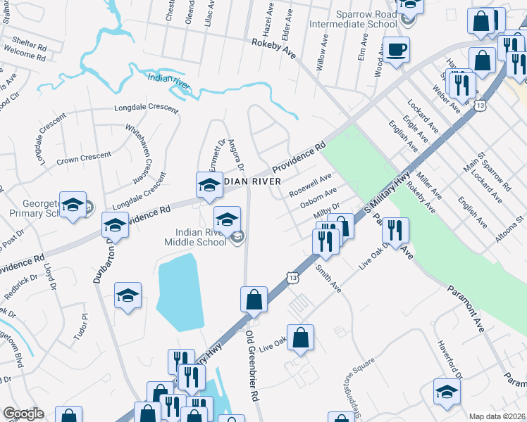 map of restaurants, bars, coffee shops, grocery stores, and more near 2519 Old Greenbrier Road in Chesapeake