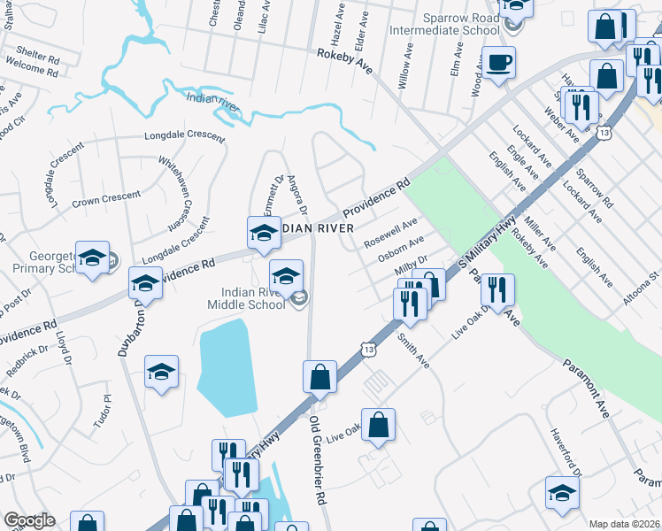 map of restaurants, bars, coffee shops, grocery stores, and more near 2519 Old Greenbrier Road in Chesapeake