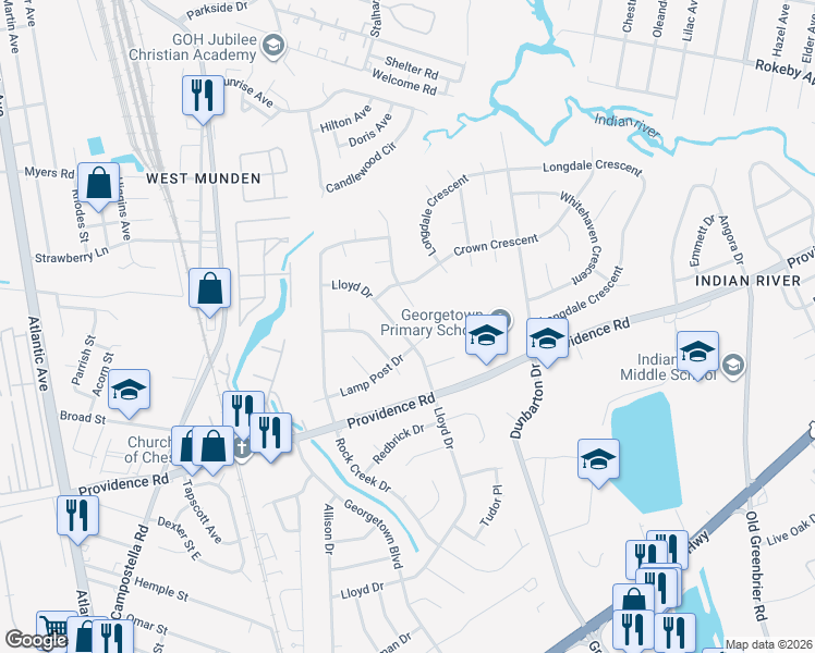 map of restaurants, bars, coffee shops, grocery stores, and more near 404 Lamp Post Drive in Chesapeake
