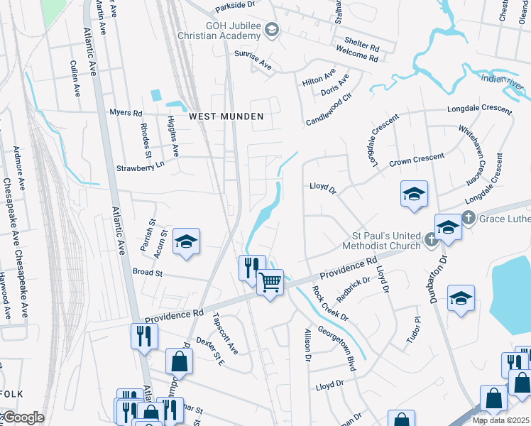map of restaurants, bars, coffee shops, grocery stores, and more near 300 Daffodil Lane in Chesapeake