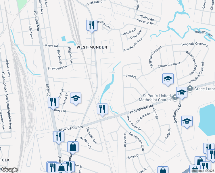 map of restaurants, bars, coffee shops, grocery stores, and more near 2400 Carnation Lane in Chesapeake
